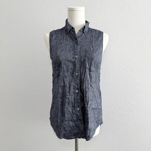 Theory Blue Linen Sleeveless Button-Up Denim Shirt, XS
